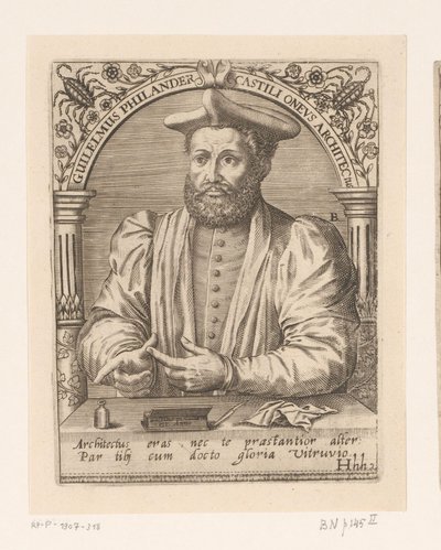Guillaume Philandrierin muotokuva Guilelmus Philander Castili oneus architectus (otsikko esineessä) Sarja muotokuvia 1500- ja 1600-luvun tutkijoista (sarjan nimi) tekijältä Robert Boissard