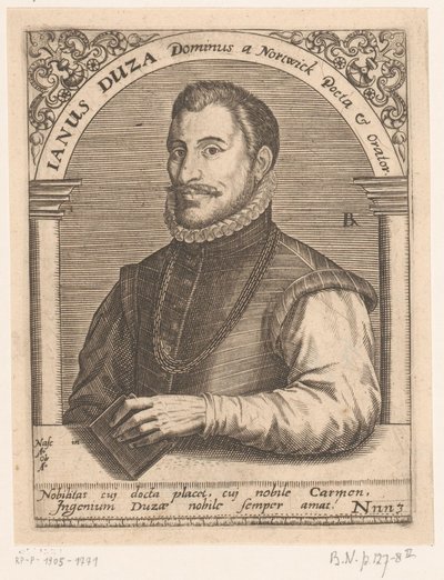 Janus Dousan muotokuva Janus Duza Dominus Nortwickin runoilija ja puhuja. (otsikko esineessä) Sarja muotokuvia 1400- ja 1500-luvun tutkijoista (sarjan nimi) tekijältä Robert Boissard