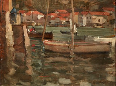 Soutuveneet satamalaiturilla, Concarneau (öljy paneelissa) tekijältä Robert Brough