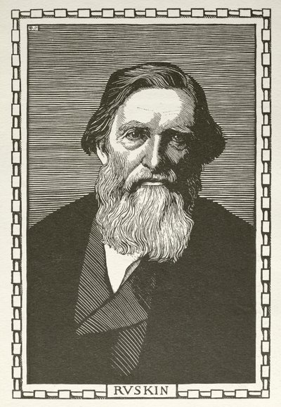 John Ruskin, englantilainen kirjailija, taidekriitikko, taiteilija ja sosiaalinen ajattelija (puupiirros) tekijältä Robert Bryden