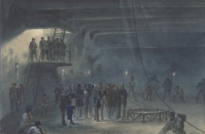 Kaapelin kelaus jälkisäiliössä Great Easternin laivalla Sheernessissä: Visit..., 1865-66. tekijältä Robert Charles Dudley