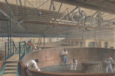 Kaapelin käämitys suurissa säiliöissä lennätinrakennuksen tehtailla..., 1865, 1865. tekijältä Robert Charles Dudley