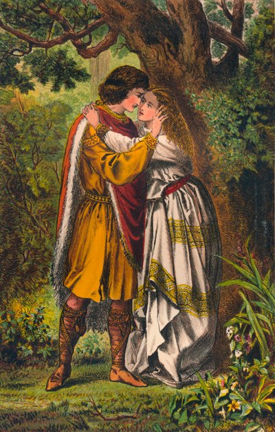 Posthumus. Kuningattareni! Minun rakastajatar! Oi neiti älä itke enää. Cymbeline: Act I, Scene I, c1875 tekijältä Robert Charles Dudley