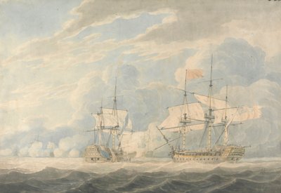Hollannin vara-amiraali amiraali De Winterin johdolla lyömässä lippuaan amiraali Duncanin johtamalle englantilaiselle vara-amiraalille Onslowille Camperdownin taistelussa 11. lokakuuta 1797 tekijältä Robert Cleveley