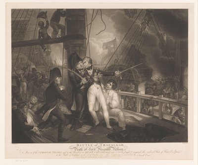 Trafalgarin taistelu, jossa Horatio Nelson kuoli Trafalgarin taistelu ja Lordi varakreivi Nelsonin kuolema (otsikko esineessä) tekijältä Robert Cooper
