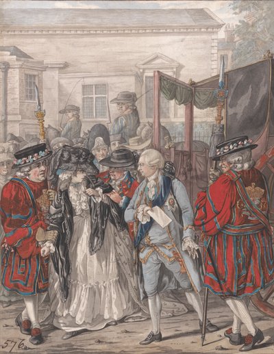 Margaret Nicholson yrittää murhata Hänen Majesteettinsa George III:n St. Jamesin palatsin puutarhan sisäänkäynnillä, 2. elokuuta 1786 tekijältä Robert Dighton