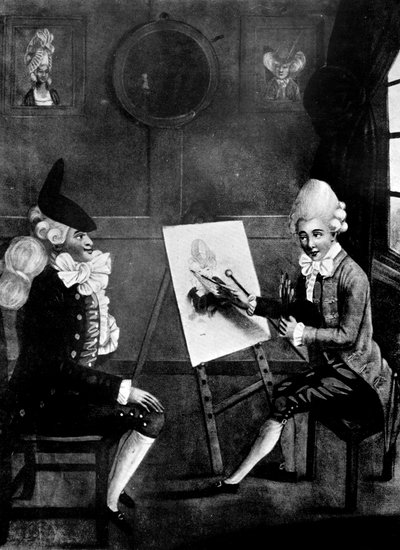 Makaronimaalari eli Billy Dimple istuu kuvassaan, 1770 tekijältä Robert Dighton