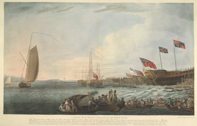 Näkymä Blackwallista, osa telakalla, Bombayn linnan laukaisuhetkellä, 74 tykkiä, rakennettu Honkonen kustannuksella. East India Company ja esittivät sen Hänen Majesteettilleen kesäkuussa 1782 tekijältä Robert Dodd