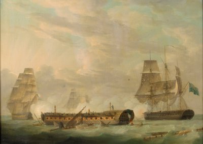 Toimintaa merellä: ranskalainen fregatti täysin tuhoutuneena, 1700-luvun loppupuoli (öljymaalaus) tekijältä Robert Dodd