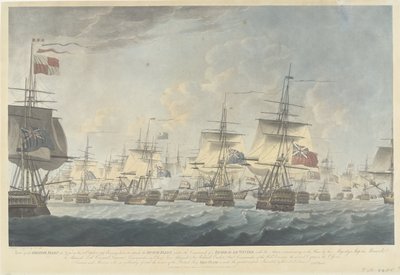 Kamperduinin taistelu (1797): Britannian laivaston hyökkäys Näkymä Britannian laivastosta keskipäivällä 11. lokakuuta 1797, laskeutumassa hyökkäämään Alankomaiden laivastoa vastaan ​​(...) (otsikko esineessä) tekijältä Robert Dodd