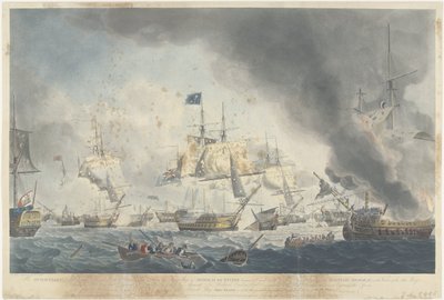 Kamperduinin taistelu (1797): Batavian laivaston tappio Alankomaiden laivasto voitti iltapäivällä 11. lokakuuta 1797 ja osoitti, että Admiral De Winterin lippulaiva purettiin (...) (otsikko esineessä) tekijältä Robert Dodd