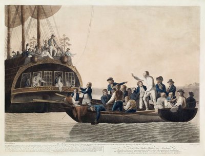 Kapinalliset muuttivat luutnantti Blighin ja osan upseereista ja miehistön Adrift, 29. huhtikuuta 1789, pub. 1790 tekijältä Robert Dodd