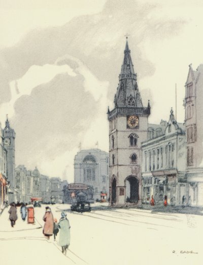 Glasgow: Tolbooth and the Tron Steeple (värilitografia). tekijältä Robert Eadie