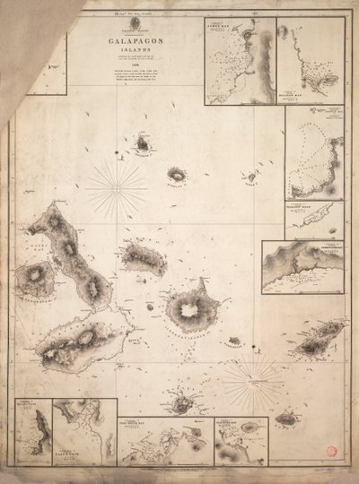 Galapagossaarten kartta, joka on kartoitettu HMS Beaglen matkan aikana. tekijältä Robert Fitzroy