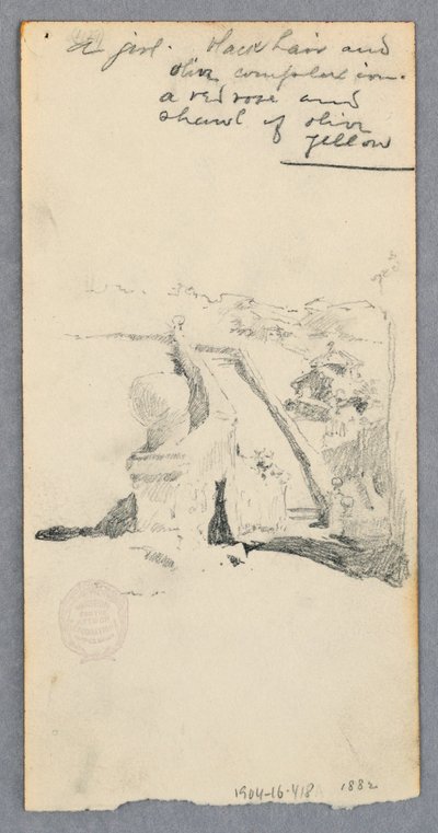 Piirros, Näkymä korkealta paikalta kaupunkiin päin (etusivu); nainen pitelee purkkia (kääntöpuoli), 1882. tekijältä Robert Frederick Blum