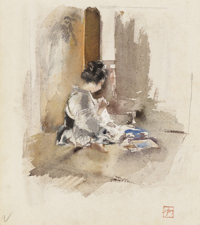 Japanilaisen tytön ompelu, 1890 tekijältä Robert Frederick Blum