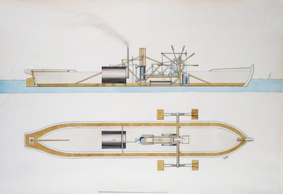 Robert Fultonin suunnittelema höyrylaiva, akvarelli, Yhdysvallat tekijältä Robert Fulton