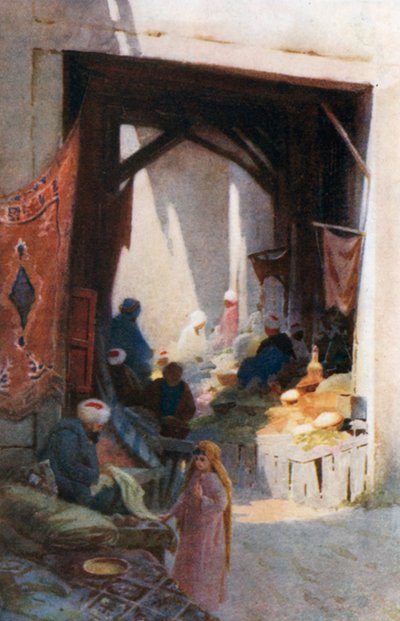 Basaari (värilitografia) tekijältä Robert George Talbot Kelly