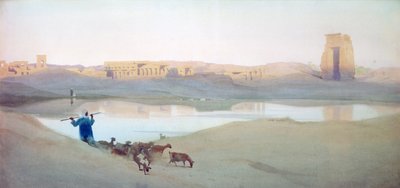 Pyhä järvi, Karnak", noin 1900. Akvarelli. Robert Talbot-Kelly (1861-1934) Englantilainen orientalistinen maisemamaalari. Egypti Maisema Vesi Rauniot Vuohipaimen tekijältä Robert George Talbot Kelly