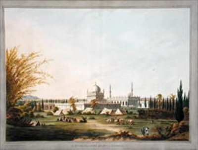 Hyder Ali Khanin mausoleumi Laulbaugissa, kuvitus teoksesta "Twelve Views of Mysore, Tippoo Sultan Country" on väritetty ja kaiverrettu J.W. Edy, julkaistu 1804 (värillinen akvatinta) tekijältä Robert H. (after) Colebrooke
