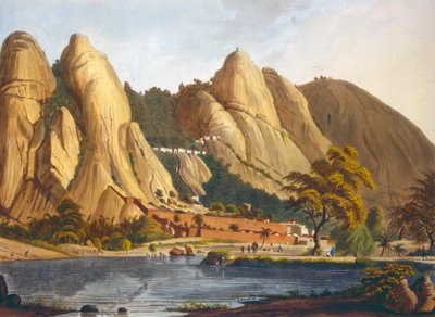 Eteläinen näkymä Sewandroogista, kuvitus teoksesta Twelve Views of Mysore, the Country of Tippoo Sultan kaiverrettu ja värjätty J.W. Edy, julkaistu 1804 (värillinen akvatinta) tekijältä Robert H. Colebrooke