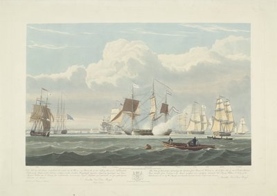 Kahdentoista hollantilaisen kauppalaivan lähtö Portsmouthin satamasta, 1833 (taulu 3) Tämä kolmen levyn sarja, joka kuvaa 12 Nederlandsche Koopvaardy -aluksen lähtöä Portsmouthin satamasta 2. kesäkuuta 1833. tekijältä Robert Havell (II)