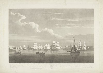 Kahdentoista hollantilaisen kauppa-aluksen lähtö Portsmouthin satamasta, 1833 (taulu 1) Tämä kolmen levyn sarja kuvaa 12 Nederlandsche Koopvaardy -laivan lähtöä Portsmouthin satamasta 2. kesäkuuta 1833 embargosta. tekijältä Robert Havell (II)