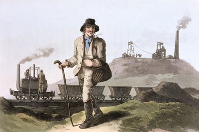 Blenkinsop-höyryveturi Middletonin kaivolla lähellä Leedsiä, Länsi-Yorkshiressä, 1814 tekijältä Robert Havell
