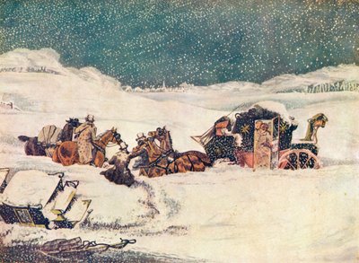 Birmingham Mail lähellä Aylesburyä, vartija Banbury etenee laukkujen kanssa, 1837 1907 tekijältä Robert Havell