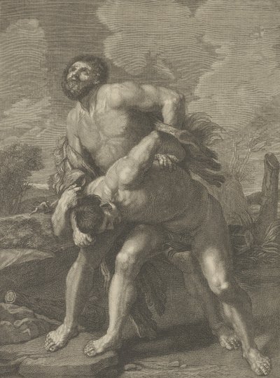 Hercules yllään leijonanahalla ja taistelee Achelousta vastaan, taustalla maisema, ..., n. 1713-72. tekijältä Robert Hecquet
