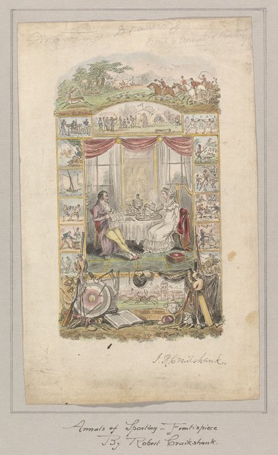 Suunnittelu Annals of Sportingin ja Fancy Gazetten etulevylle, osa 1 tekijältä Robert Isaac Cruikshank