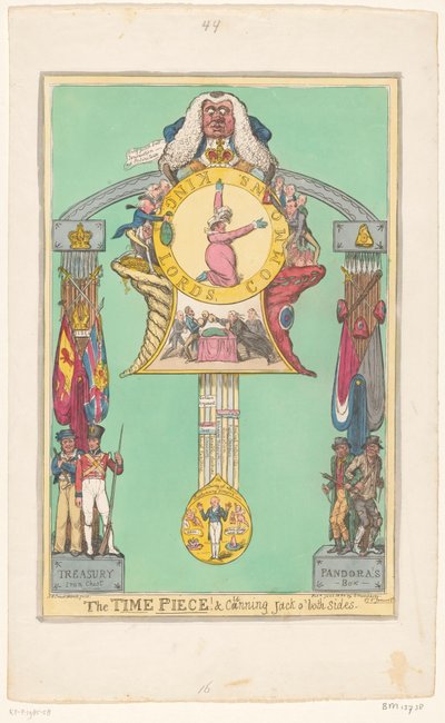 Kello, jossa kuningatar kellotaulussa, 1820 Aikapala! ja ovela Jack molemmin puolin tekijältä Robert Isaac Cruikshank