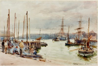 Fishing Harbour, North Shields (kynä ja akvarelli paperille) tekijältä Robert Jobling