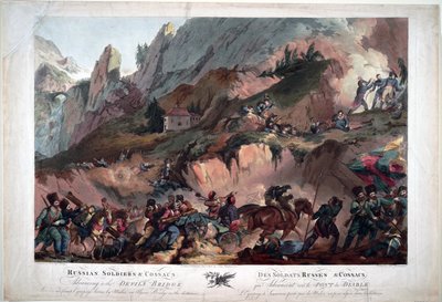 Vuonna 1799 Napoleonin joukot taistelivat Paholaisen sillalla kenraali Souvarovin komentamia venäläisiä vastaan ​​- Venäjän armeija ylitti Paholaisen sillan vuonna 1799 - Porter, Robert Carr (1777-1842) - 1804 - Akvatinta - 63x91,3 -Yksityiskokoelma tekijältä Robert Kerr Porter