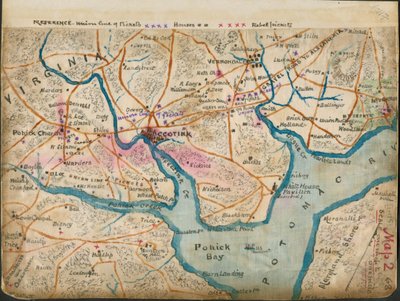 (Kartta Potomac-joen alajuoksusta, jossa näkyy vartiolinjat, tammikuu 1862) LOC gvhs01.vhs00059 tekijältä Robert Knox Sneden