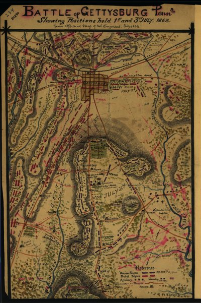 Gettysburgin taistelu, Penna. 1. ja 3. heinäkuuta 1863 pidetyt asemat. LOC gvhs01.vhs00265 tekijältä Robert Knox Sneden