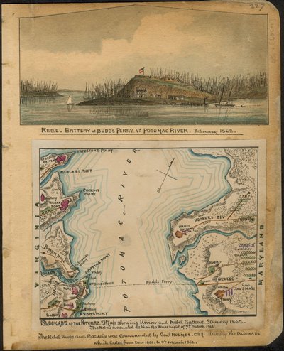Potomacin saarto. Kartta, jossa näkyvät unionin ja kapinallisten patterit tammikuussa 1862. Kapinalliset evakuoivat kaikki patterinsa 4. maaliskuuta 1862 yöllä. LOC gvhs01.vhs00066 tekijältä Robert Knox Sneden
