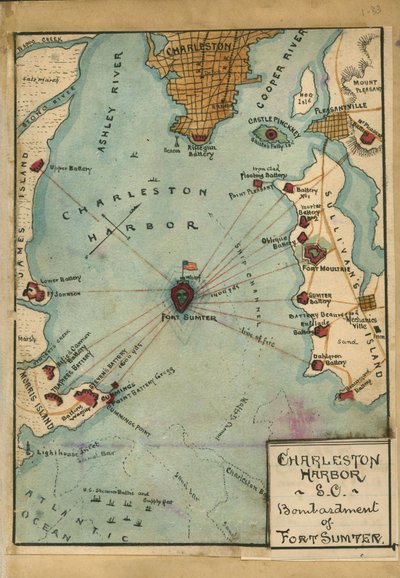 Charleston Harbor S.C. Fort Sumterin pommitus. LOC gvhs01.vhs00058 tekijältä Robert Knox Sneden