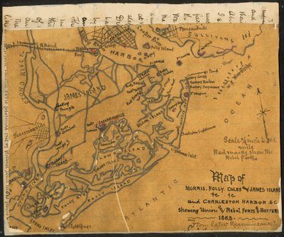 Kartta Morris-, Folly-, Coles- ja James-saarista jne. sekä Charlestonin satamasta, S.C., jossa näkyy (sic) unionin ja kapinallisten linnakkeet ja patterit, 1864. LOC gvhs01.vhs00184. tekijältä Robert Knox Sneden