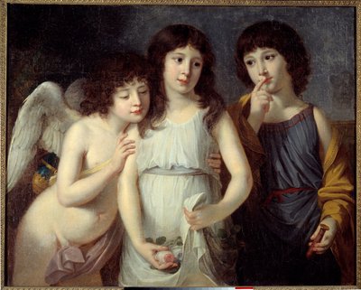 Rouva Langloisin lapset. Enkeli on kahden lapsen mukana. Jokaisella heistä on kädessään sukupuoltaan symboloiva esine: tytölle ruusu ja nuorelle pojalle sinetti hihassa. Robert Lefevren (1755-1830) maalaus tekijältä Robert Lefevre