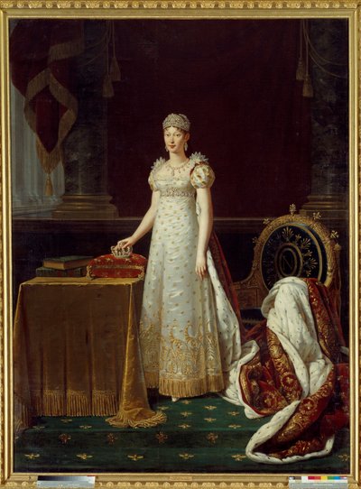 Muotokuva vaikutelman Marie Louisesta Itävallasta (Marie-Louise) (1791-1847), Napoleon I:n vaimo, joka edusti Regente of the Empirea ja yllään Napoleonin vuonna 1812 lahjoittama Chaumet-timanttisarja - Hänen takanaan koristeltu empire-tyylinen nojatuoli Na tekijältä Robert Lefevre