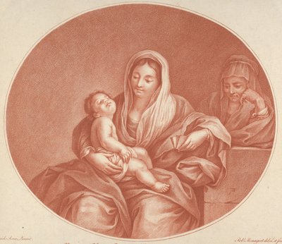 Neitsyt istuu Kristus-lapsen kanssa, joka nukkuu sylissään, Pyhä Elisabet oikealla, 1776. tekijältä Robert Menageot