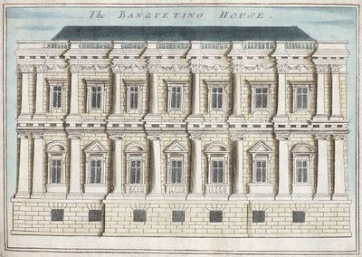 Juhlatalo, Whitehall, kirjasta "A Book of the Prospects of the Remarkable Places in and about the London", n. 1700 (kaiverrus) tekijältä Robert Morden