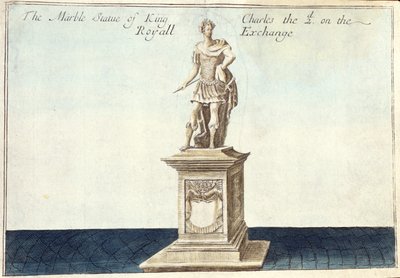 Kuningas Kaarle II:n (1630–1685) marmoripatsas kuninkaallisessa pörssissä, kirjasta "A Book of the Remarkable Places in and about the Remarkable Places in and about the London", n. 1700 (kaiverrus) tekijältä Robert Morden