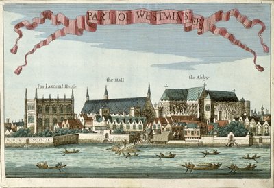 Westminster, jossa näkyy Abbey, Hall ja Parliament House, kirjasta "A Book of the Prospects of the Remarkable Places in and about the City of London", noin 1700. tekijältä Robert Morden