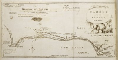 Dahomey ja sen ympäristö, Archibald Dalzelin teoksesta "The History of Dahomey", kaiverrus Woodman ja Mutlow, pubi. 1793 tekijältä Robert Norris