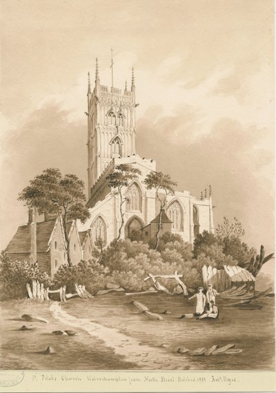 Wolverhampton - Pyhän Pietarin kirkko: seepiapiirros, 1838 tekijältä Robert Noyes