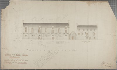 Arkkitehtipiirustus yliopiston kirjastosta, 1827 (kynä & wc paperilla) tekijältä Robert Payton Reid