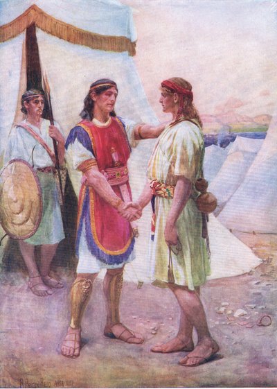 David ja Jonathan, Thomas Nelsonin julkaisemasta Raamatun kuvakirjasta, n. 1950 (litho) tekijältä Robert Payton Reid