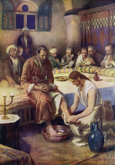 Jeesus pesee opetuslasten jalkoja (väri litho) tekijältä Robert Payton Reid